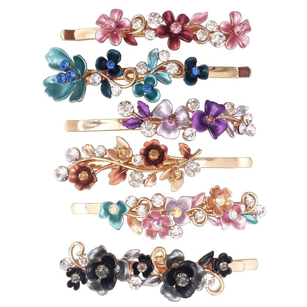 Vintage Floral Metal Hair Pins Set 6 Colors Rhinestone Decorations for Women